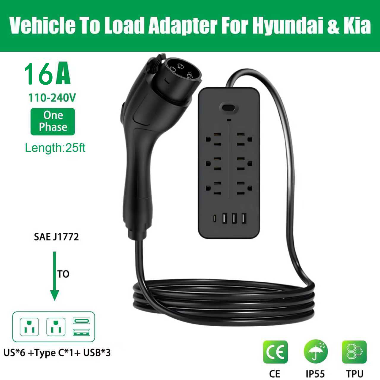 V2L Vehicle to Load Adapter Compatible with Hyundai Ioniq 5, Ioniq 6 Kia EV6 EV9, 16 Amp V2L Adapter for J1772 Electric Cars Discharger Socket with 120V 6-Outlet Power Strip, 25FT
