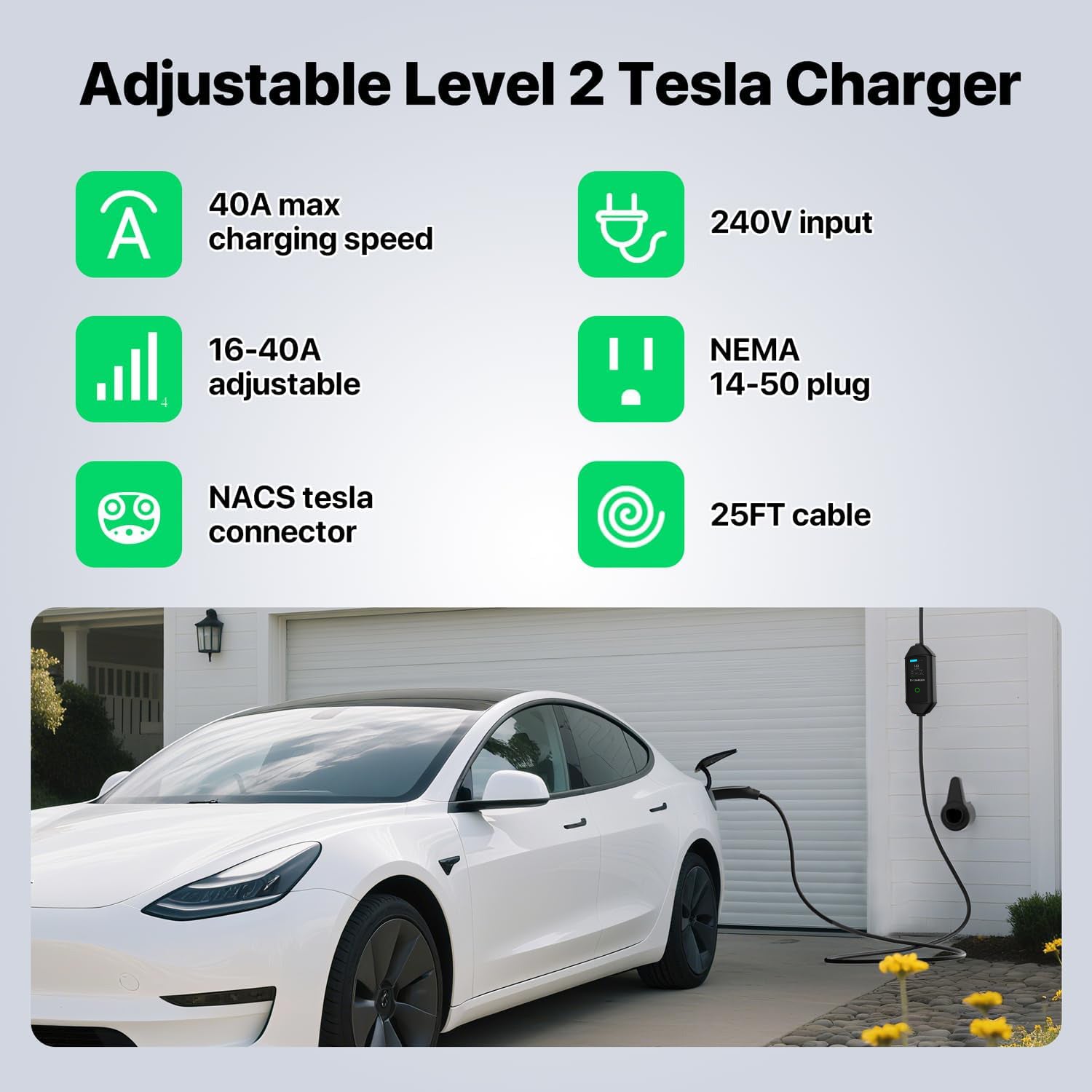 Level 2 EV Charger for Tesla, 40A NACS Car Charger with 240V, 25FT Extension Cable, EV Charging Station for Tesla Cars